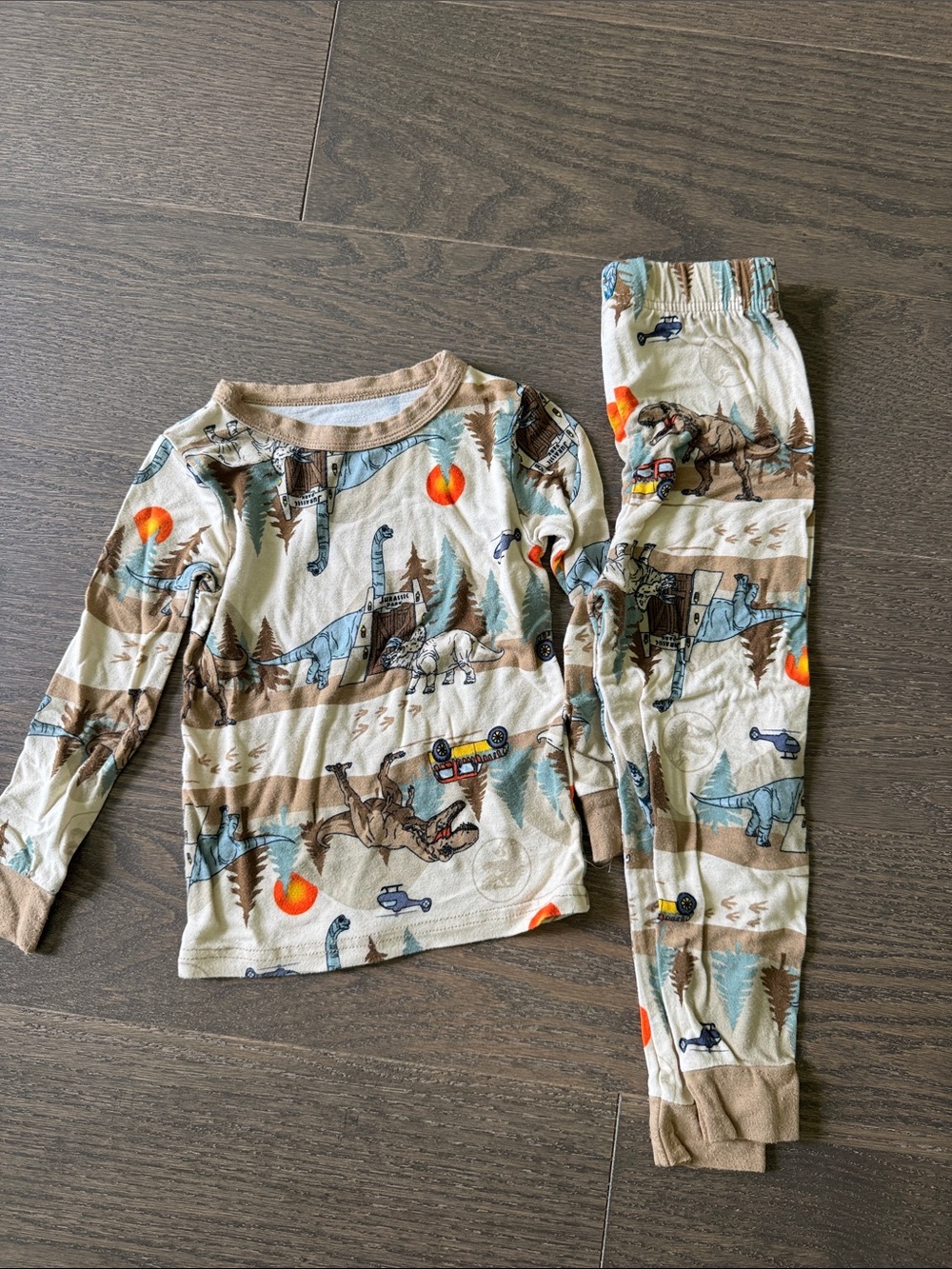 Toddler Dinosaur Print Long Sleeve Pajama Set - Tan & Blue